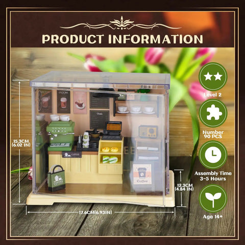 LED Coffee Shop Mini Model Kit for DIY Dollhouse Enthusiasts, miniature cafe with accessories, size and age info