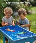 Two kids playing with Dual RC Kayaks For Kids 6-12 With Magnetic Dolphin Nose And Three Balls, LED light up water table race toys