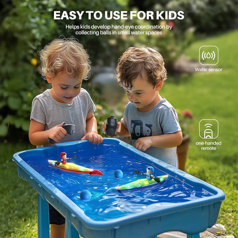 Two kids playing with Dual RC Kayaks For Kids 6-12 With Magnetic Dolphin Nose And Three Balls, LED light up water table race toys