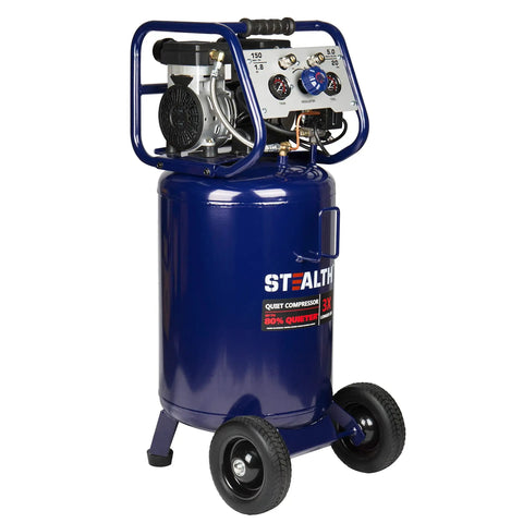 Heavy Duty 20 Gallon Ultra Quiet Air Compressor 1.8 HP Oil Free Pump Peak 150 PSI 5.5 CFM At 40 PSI with blue steel drum.