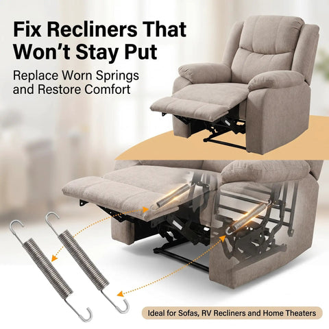 Top Notch Heavy Duty Stainless Steel Replacement Recliner Tension Springs Fix Your Saggy Sofa Mechanism With Buttery Smooth Tilt Lock And Return Action Rock Solid Couch Upgrade For Home Theater Setup Two Pack Six Point Five Inch with recliner and springs shown.