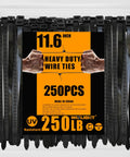 Ultra Heavy Duty Black Zip Ties 12 Inch Long 250 Pound Tensile Strength 250 Piece Kit, visible in pack with UV resistant design.