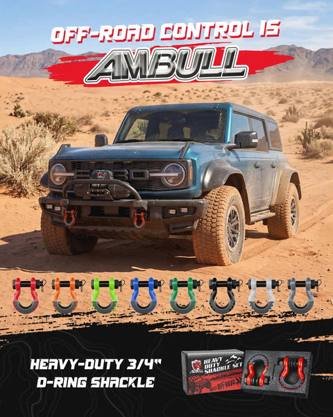 Jeep with Three Quarters Inch D Ring Shackle Set, Two Pack, Heavy Duty Forged Steel With Seven Eighths Inch Pin in desert.