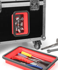 TOOLEAGUE three-piece red silicone collapsible magnetic parts trays; mounted on a black case and on floor with tools