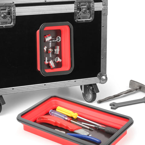 TOOLEAGUE three-piece red silicone collapsible magnetic parts trays; mounted on a black case and on floor with tools