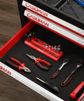 Magnetic Socket Accessory Holder Tray For One Quarter Inch Drive Tools Red Polypropylene Organizer With Rubberized Magnetic Base Holds Up To Twenty Bits And Fifteen Labeled Accessories Adapters Universal Joints Bit Holders And More placed in a tool drawer