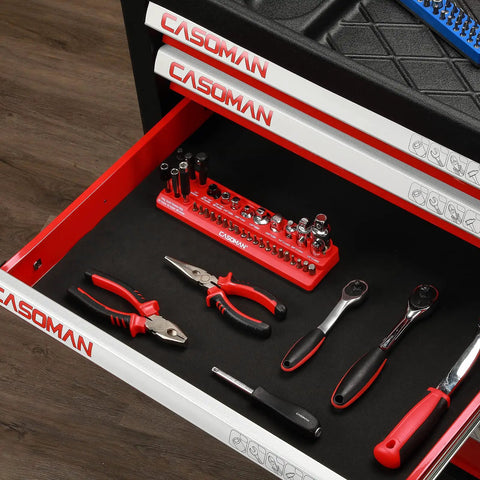 Magnetic Socket Accessory Holder Tray For One Quarter Inch Drive Tools Red Polypropylene Organizer With Rubberized Magnetic Base Holds Up To Twenty Bits And Fifteen Labeled Accessories Adapters Universal Joints Bit Holders And More placed in a tool drawer