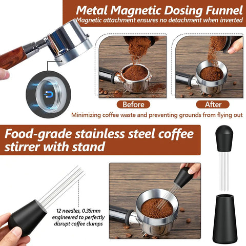 7 Piece 51mm Espresso Accessories Kit With Spring Loaded Calibrated Tamper WDT Tool Dosing Funnel 75ml Dosing Cup Double Walled