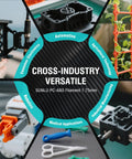 Collage showcasing uses of PC-ABS 3D Filament 1.75mm 1Kg Spool White Hybrid for industries like automotive, agriculture, and robotics.