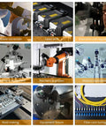 Collage of industrial and scientific equipment including fiber core tuning and mold making, with robots and lasers for precision tasks.