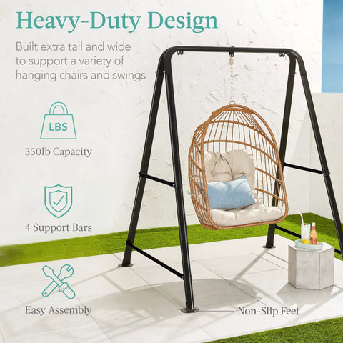 Heavy Duty Hammock Chair Stand 75 Inch Tall For Indoor And Outdoor Use With Powder Coated Steel Frame And Hardware Stand Only Supports Up To 350 Pounds, shown with a wicker chair.