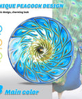 Top view of 11 Inch Hanging Glass Bird Bath with blue and green peacock pattern, bright wavy rim for outdoor garden decor.
