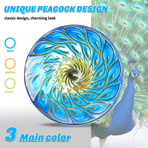 Top view of 11 Inch Hanging Glass Bird Bath with blue and green peacock pattern, bright wavy rim for outdoor garden decor.