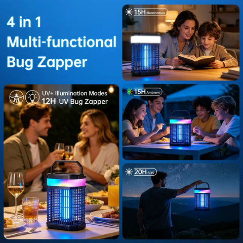 4 In 1 Bug Zapper Outdoor Portable And Rechargeable Mosquito Killer With 5000mAh Battery, showing different uses and settings.