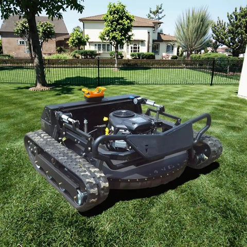 Remote Control Grass Cutter With Tracks For Slopes And Uneven Terrain, Wireless RC Beast Heavy Duty Lawn Mower in a yard