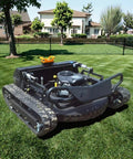 Remote Control Lawn Mower With Tracked Drive for slopes and uneven ground on grassy yard, heavy duty design for rough terrain.