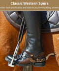 Western Cowboy Boots Spurs With Rotatable Gear Antique Copper And Brass Finish on rider's boot in saddle.