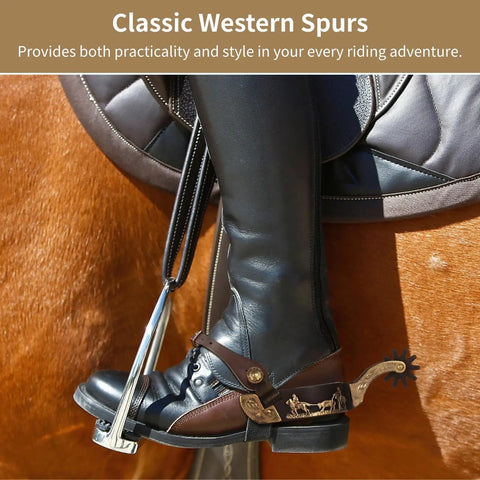 Western Cowboy Boots Spurs With Rotatable Gear Antique Copper And Brass Finish on rider's boot in saddle.