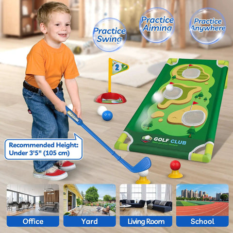 Young child playing with Toddler Golf Set for 2 3 4 5 Year Old Boys and Girls Upgraded Indoor Outdoor Golf Cart With Cornhole Board and Putting Mat Safe Durable Plastic Toy, showing practice mat and accessories.