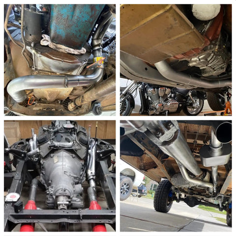 2.5 Inch Mild Steel Universal Exhaust Kit with Mandrel Bends installed on vehicle undercarriages