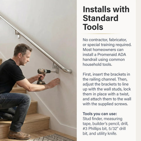 Man installing 2Ft ADA Handrail Kit For Indoor And Outdoor Stairs, 1.6 Inch Round Satin Anodized Aluminum Railing With Pivoting Brackets And ADA Wall Returns on stairs