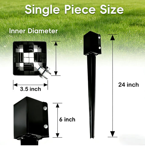 Pack Of Four Heavy Duty Fence Post Anchors Ground Spikes In Black Powder Coat Finish, shown dimensions and details 24 inch height