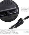 Portable Electric Cooler Bag And Thermoelectric Travel Fridge With 18 Liter Soft Sided Build DC 12 Volt Car Plug Case showing DC plug for travel.