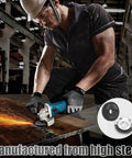 Worker using angle grinder with Dual Nut Set For Angle Grinders Five Eighths Inch By Eleven Threads Per Inch Quick Release Pro Grade Locking Kit