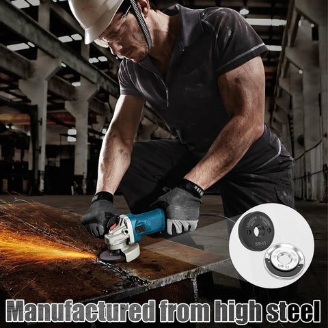 Worker using angle grinder with Dual Nut Set For Angle Grinders Five Eighths Inch By Eleven Threads Per Inch Quick Release Pro Grade Locking Kit