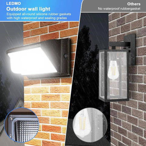 150W Dusk To Dawn Outdoor Wall Pack Light With Photocell 5000K Waterproof Flood Fixture 21000 Lumens 100 277V Energy Saving LED Light For Building Yard Warehouse Garage installed on brick wall.