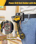 Drill Belt Clip Holster for Cordless Drill Driver shown on belt with hook detail for secure tool hold.