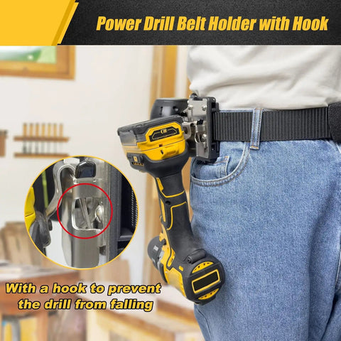 Drill Belt Clip Holster for Cordless Drill Driver shown on belt with hook detail for secure tool hold.