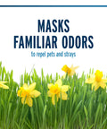 Yellow flowers on grass with text "Masks familiar odors to repel pets and strays" for Dog And Cat Yard Repellent Ready To Use 32 Ounce Spray