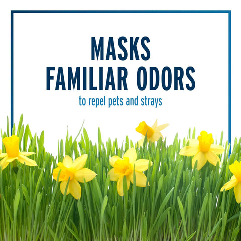 Yellow flowers on grass with text "Masks familiar odors to repel pets and strays" for Dog And Cat Yard Repellent Ready To Use 32 Ounce Spray