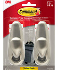 Five Pound Large Brushed Nickel Metal Hooks With Two Large Hooks And Four Adhesive Strips Damage Free Hanging packaging