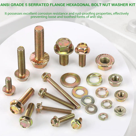 568 Piece SAE Bolt and Nut Assortment Kit 1/4 5/16 3/8 1/2 Inch featuring grade 5 serrated flange hex bolts and washers.