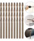 Top Tier Cobalt Steel Drill Bit Kit With Ten Pieces For Hardened Metal And Stainless Steel Plus Cast Iron Long Twist Bits Ideal For Serious DIYers And Pro Metalworkers Who Need Precision Every Time. 10-piece cobalt steel twist drill bit set for metal drilling