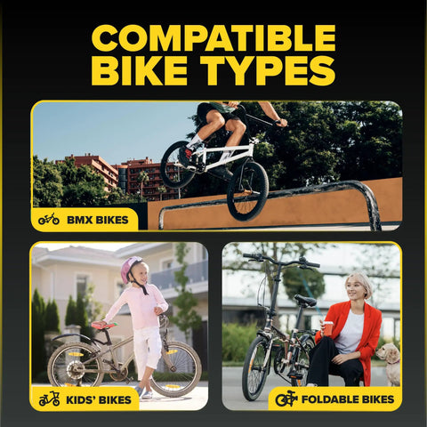 Collage showing a BMX stunt, a child on a kids' bike, and an adult on a foldable bike labeled 'Compatible Bike Types'