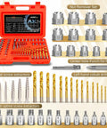 50 Piece Bolt Extractor Set With Pilot Center Pin, MultiSpline Extractors, Left Hand Cobalt Drill Bits, Nut Removers, Extension Bar, And Solid Carrying Case displayed in red case.