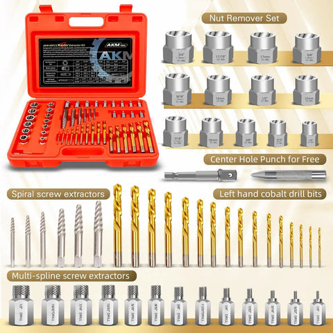 50 Piece Bolt Extractor Set With Pilot Center Pin, MultiSpline Extractors, Left Hand Cobalt Drill Bits, Nut Removers, Extension Bar, And Solid Carrying Case displayed in red case.