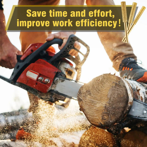 24 Pack Titanium Plated Chainsaw Sharpener Drill Bits used with a chainsaw cutting through wood, showcasing precision and durability.