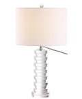 Clear Crystal Staggered Geometric Column LED Table Lamp With White Linen Drum Shade In Chrome Finish, Modern Glam Bedside Light