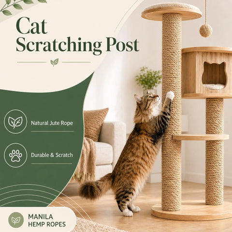 Cat using Dope Natural Jute Rope 8mm Thick Hemp Twine 165ft Eco Friendly All Weather Durable on scratching post indoors