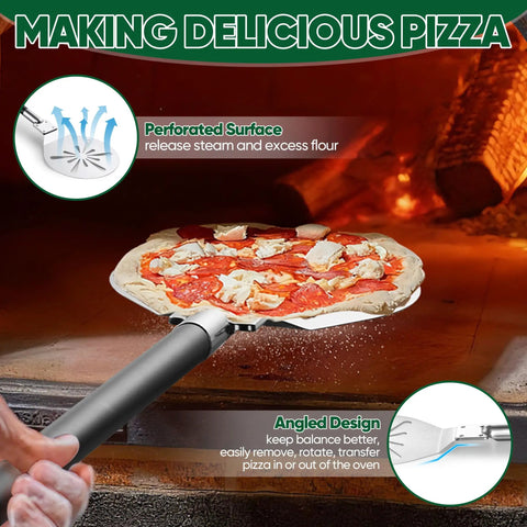 Pro-Grade 9-Inch Perforated Pizza Peel With Long Detachable Handle for Rotating and Transferring Pizzas from Oven or Grill