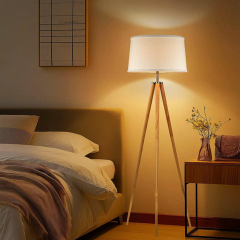 Mid Century Inspired Tripod Floor Lamp With Energy Efficient LED Bulb Natural Wood Legs And White Shade 60.5 Inch Tall Modern Living Room Lighting For A Cozy Vibe And Home Ambience