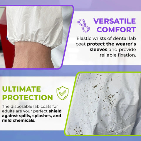 Disposable Lab Coats For Adults Pack Of 10 Lightweight 60gsm Microporous Long Sleeve White With Elastic Cuffs Hook And Loop Closure Mandarin Collar No Pockets Breathable All Day Comfort Medical Gowns close-up of elastic cuff and spill protection