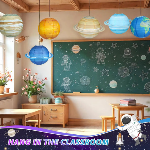 8 Piece Planet Paper Lanterns Set For Kids Space Theme Party 12 Inch Solar System Hanging Planets in classroom