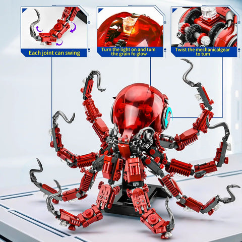 Mechanical Octopus Building Set For Adults With 882 Pieces Movable Tentacles And Steampunk Details Includes Display Stand And Light