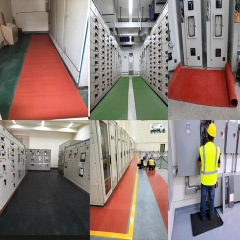 Heavy Duty High Voltage Insulating Rubber Mat For Electricians And Workshop Crews, diverse usage in industrial switchgear and workspaces.