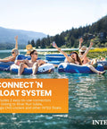 Group enjoying summer on Blue Tropic Inflatable Five Person Pool Island Lounge Raft With Backrests Built In Cooler And Four Cupholders